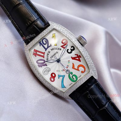 Swiss Quality Best Copy Franck Muller Cintrée Curvex Diamond Watch White Face Black Leather Strap 